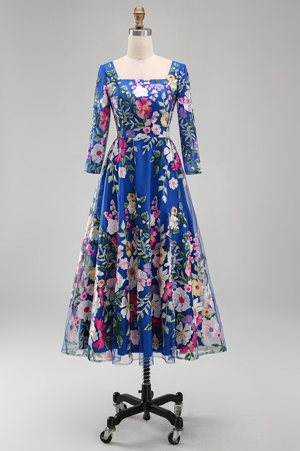 Square Neck Royal Blue A Line Maxi Floral Mother of the Bride Dress