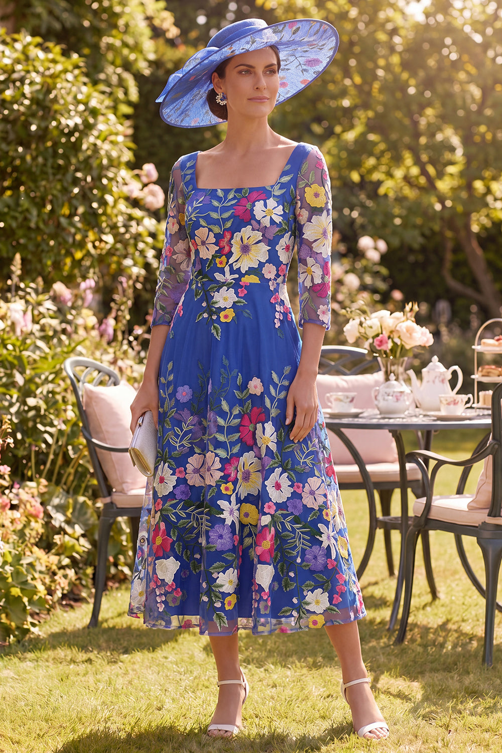 Square Neck Royal Blue A Line Maxi Floral Mother of the Bride Dress