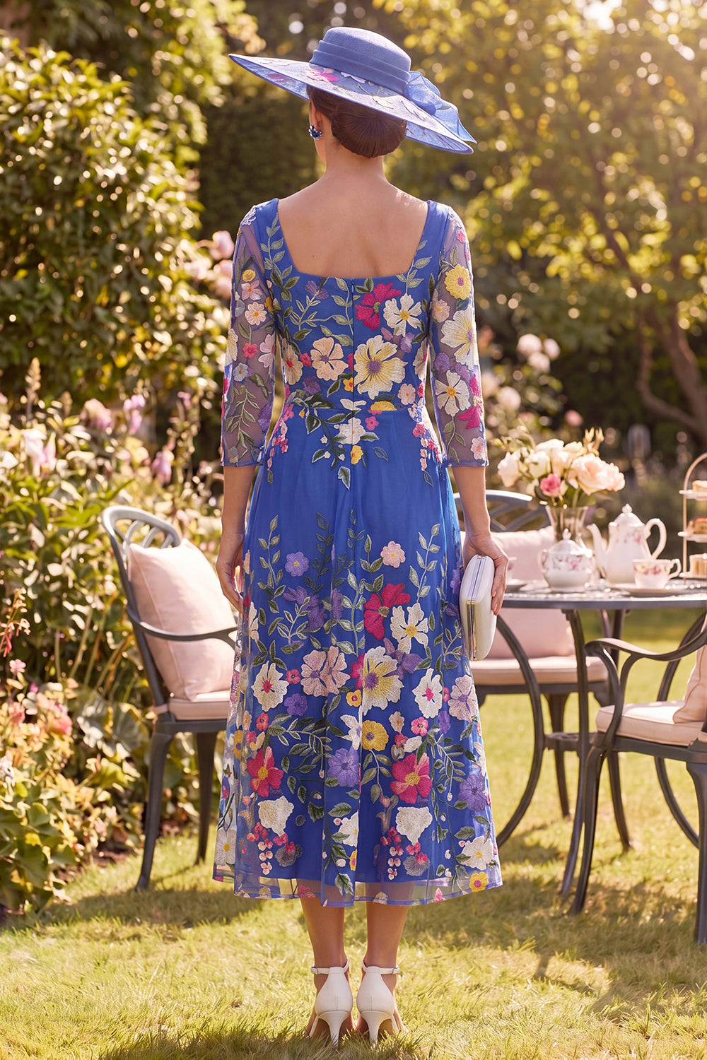 Square Neck Royal Blue A Line Maxi Floral Mother of the Bride Dress
