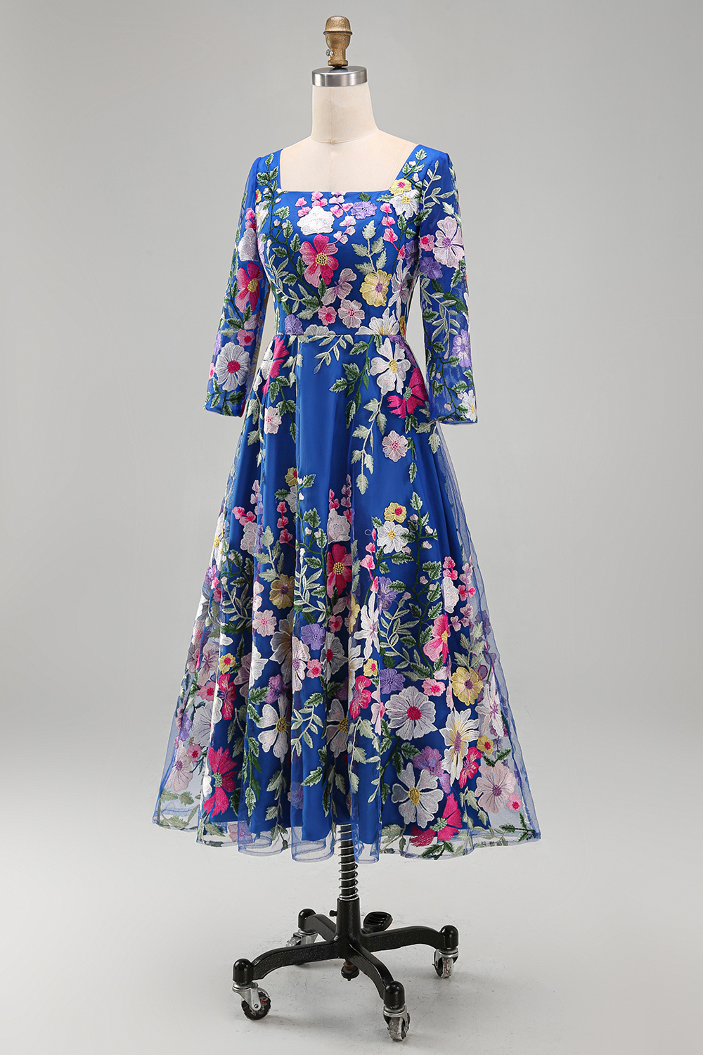 Square Neck Royal Blue A Line Maxi Floral Mother of the Bride Dress