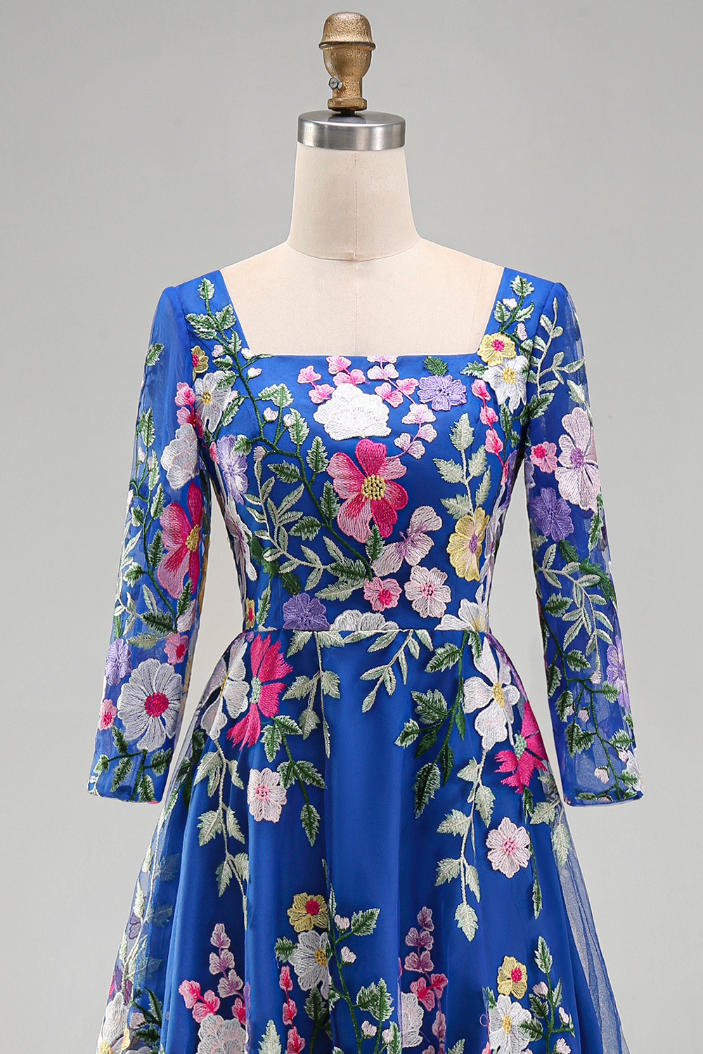 Square Neck Royal Blue A Line Maxi Floral Mother of the Bride Dress