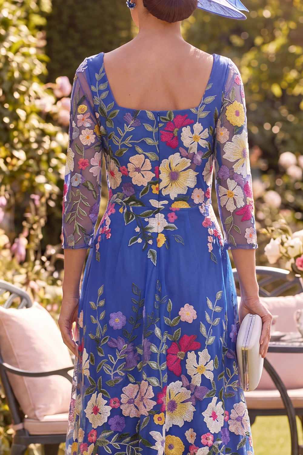 Square Neck Royal Blue A Line Maxi Floral Mother of the Bride Dress