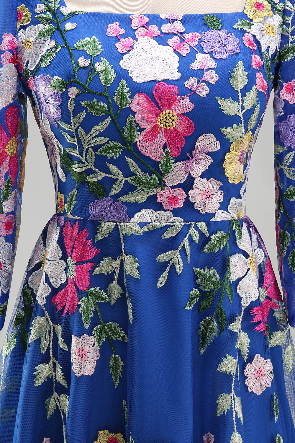 Square Neck Royal Blue A Line Maxi Floral Mother of the Bride Dress