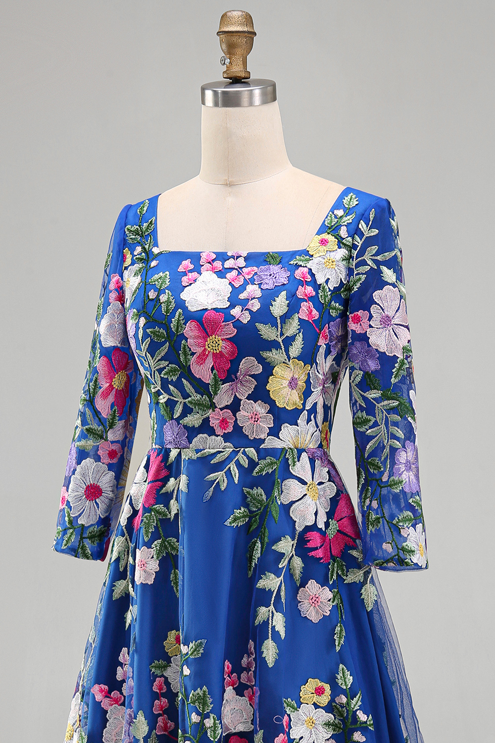 Square Neck Royal Blue A Line Maxi Floral Mother of the Bride Dress