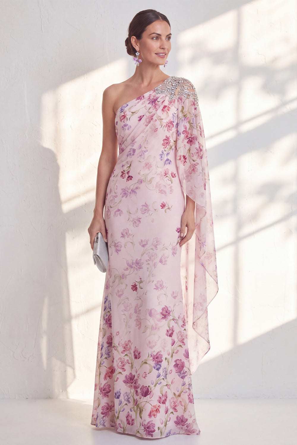 Lilac Mermaid Beaded Long Floral Mother of the Bride Dress with Side Cape