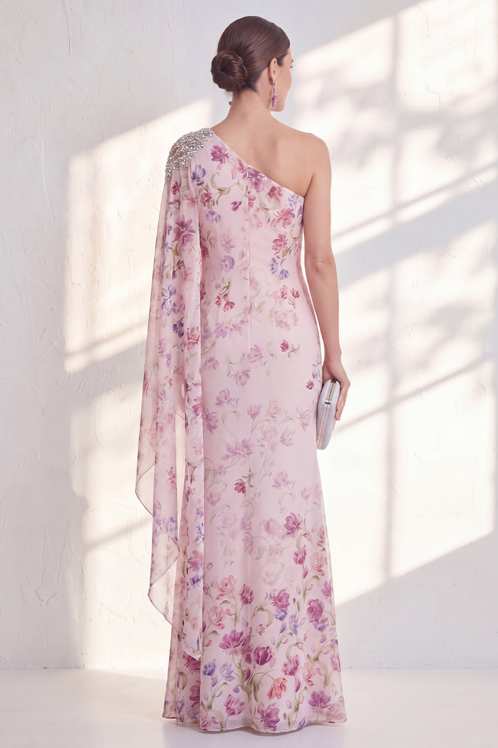 Lilac Mermaid Beaded Long Floral Mother of the Bride Dress with Side Cape