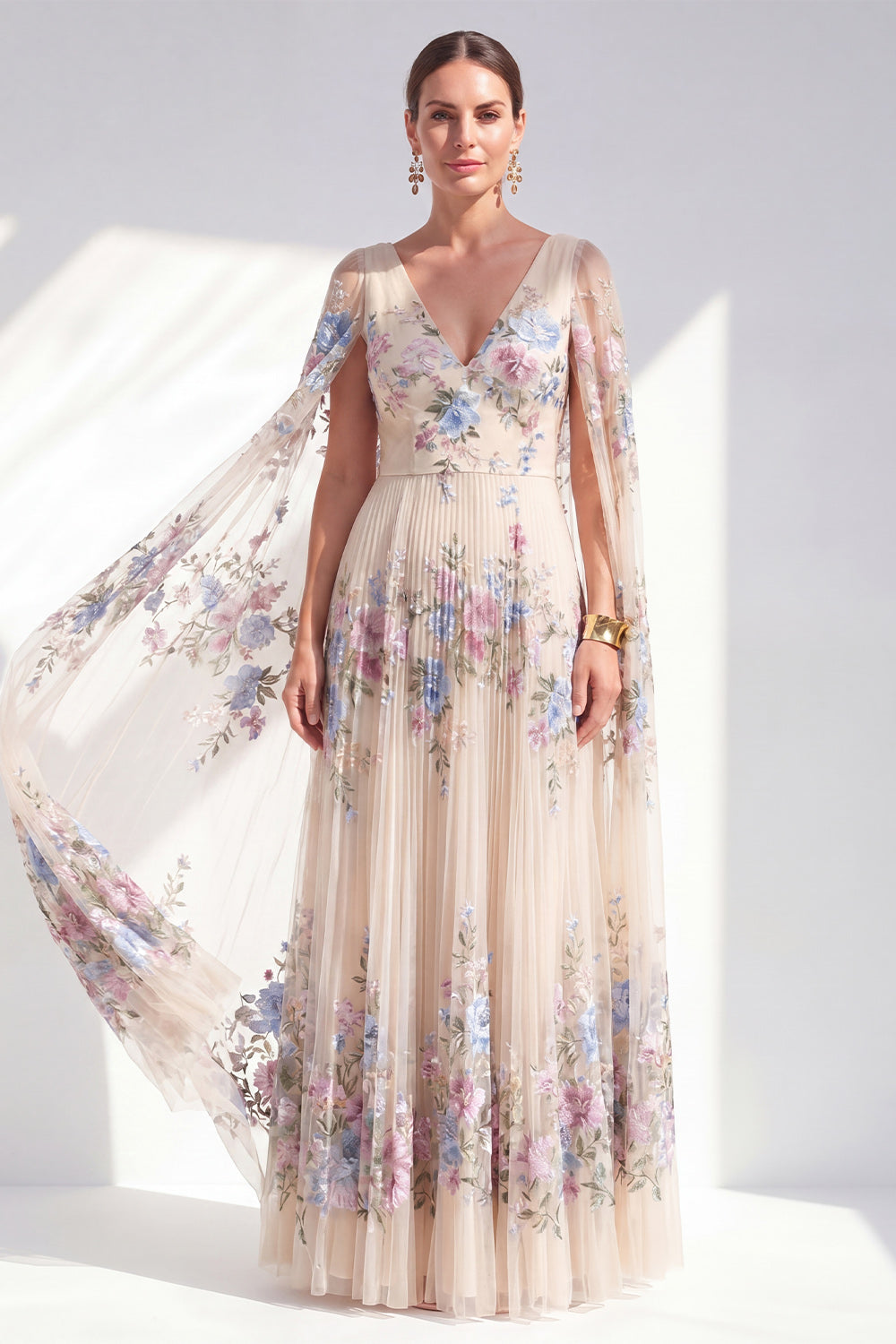 Champagne Floral Pleated V-Neck A Line Long Mother of the Bride Dress with Cape