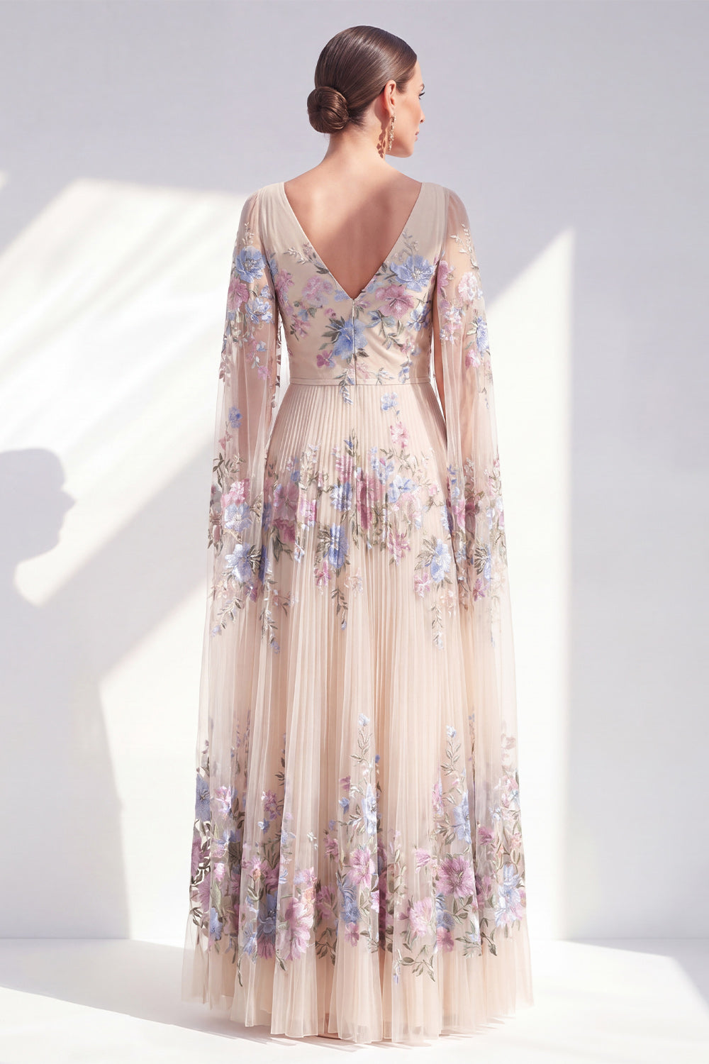 Champagne Floral Pleated V-Neck A Line Long Mother of the Bride Dress with Cape