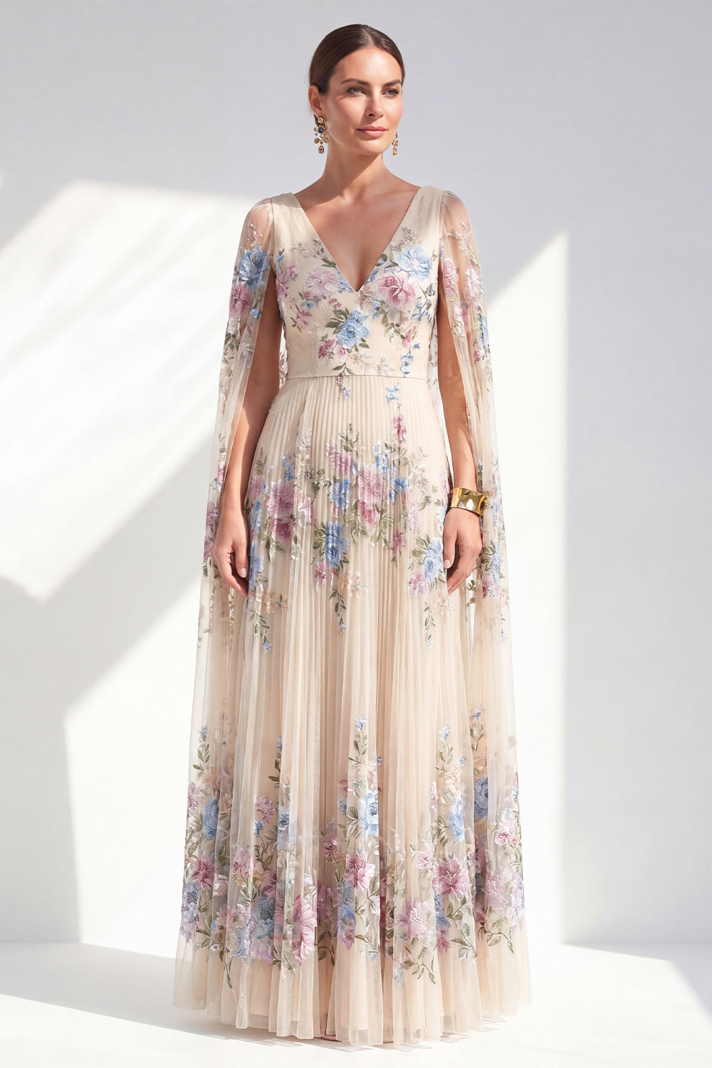 Champagne Floral Pleated V-Neck A Line Long Mother of the Bride Dress with Cape