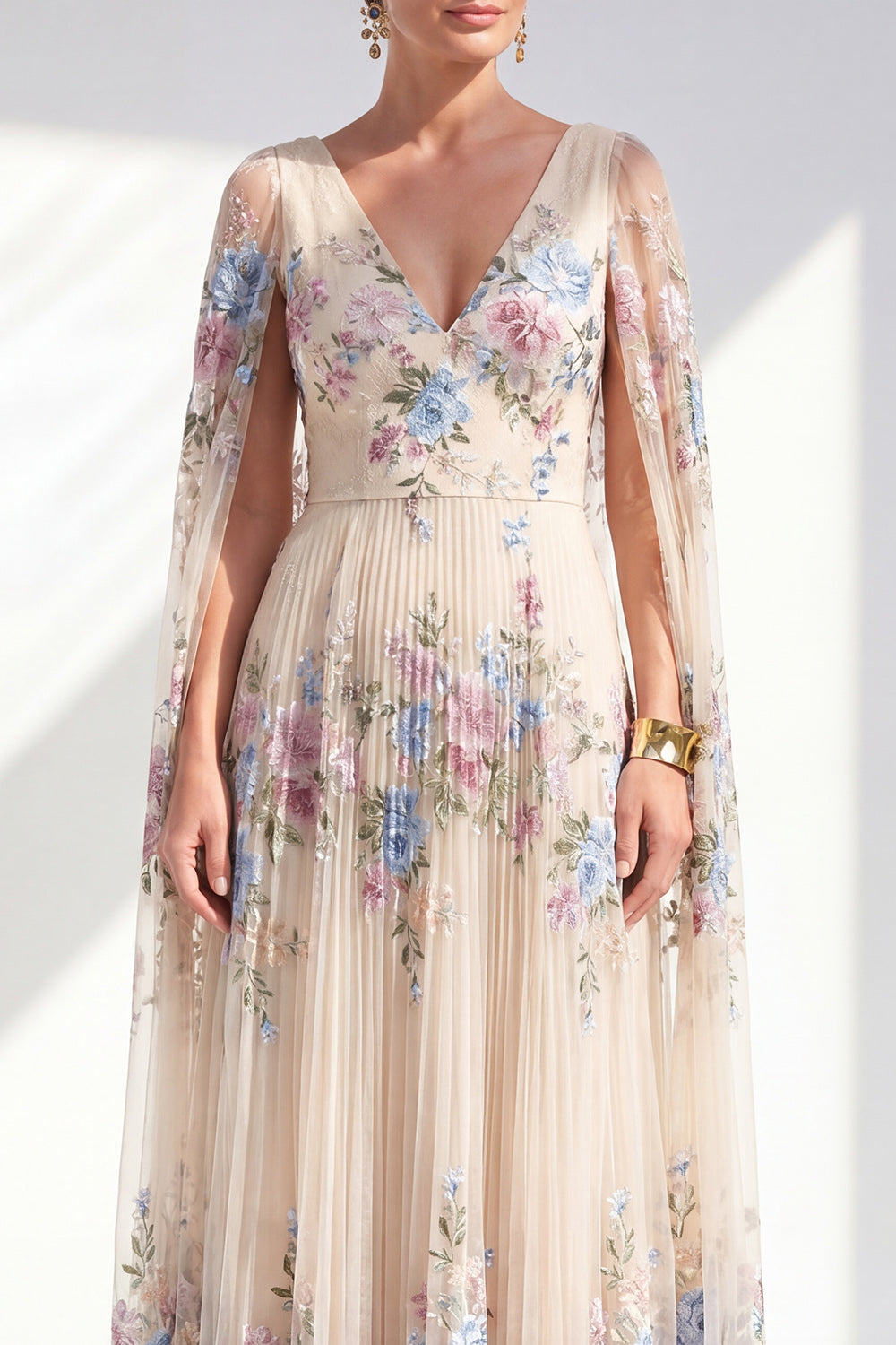 Champagne Floral Pleated V-Neck A Line Long Mother of the Bride Dress with Cape