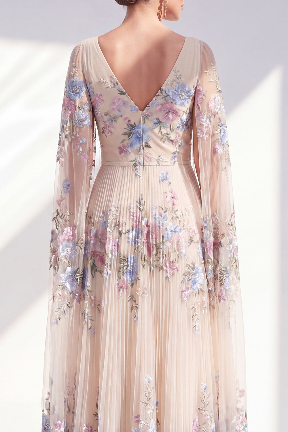 Champagne Floral Pleated V-Neck A Line Long Mother of the Bride Dress with Cape