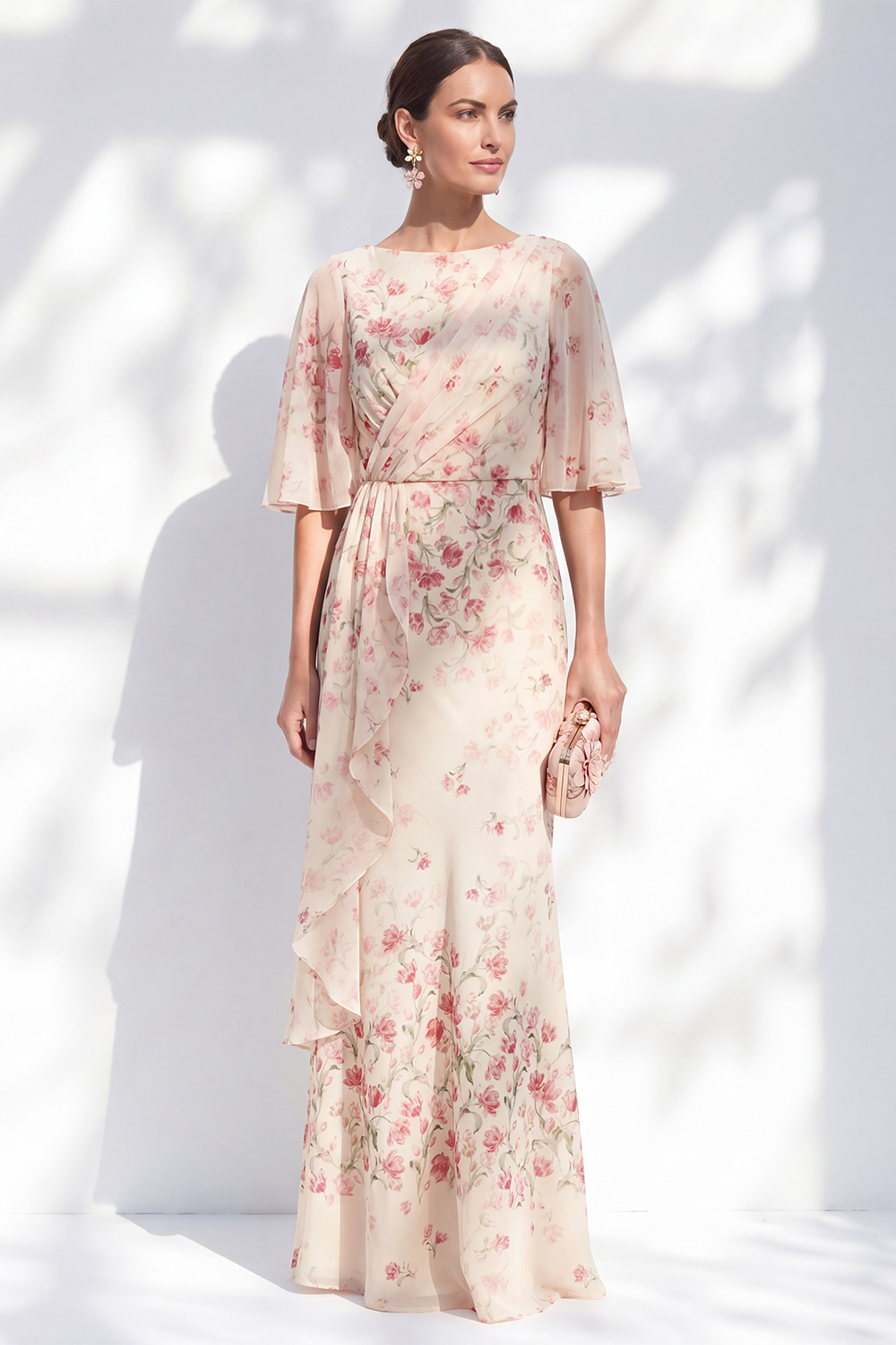 Blue Sheat Boat Neck Long Floral Mother of the Bride Dress with Ruffles