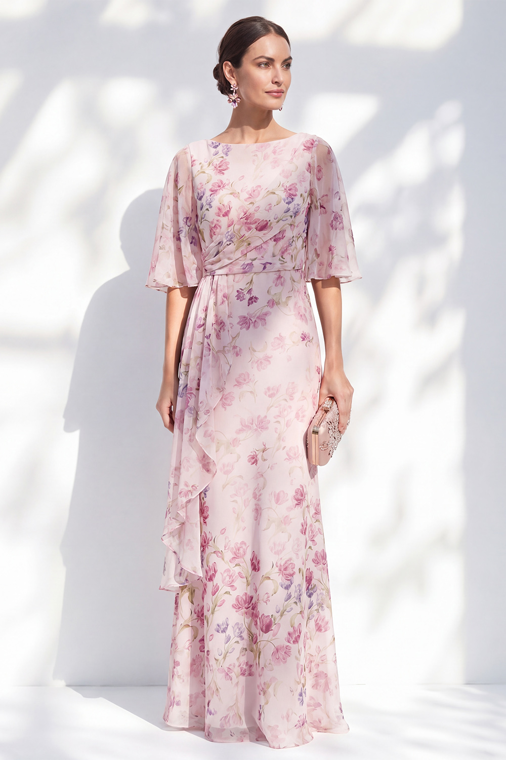Blue Sheat Boat Neck Long Floral Mother of the Bride Dress with Ruffles