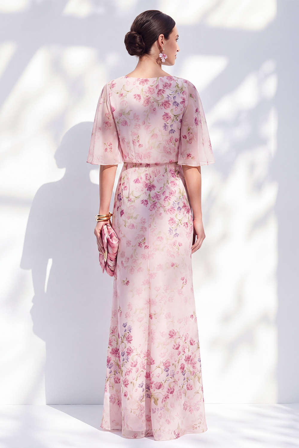 Blue Sheat Boat Neck Long Floral Mother of the Bride Dress with Ruffles
