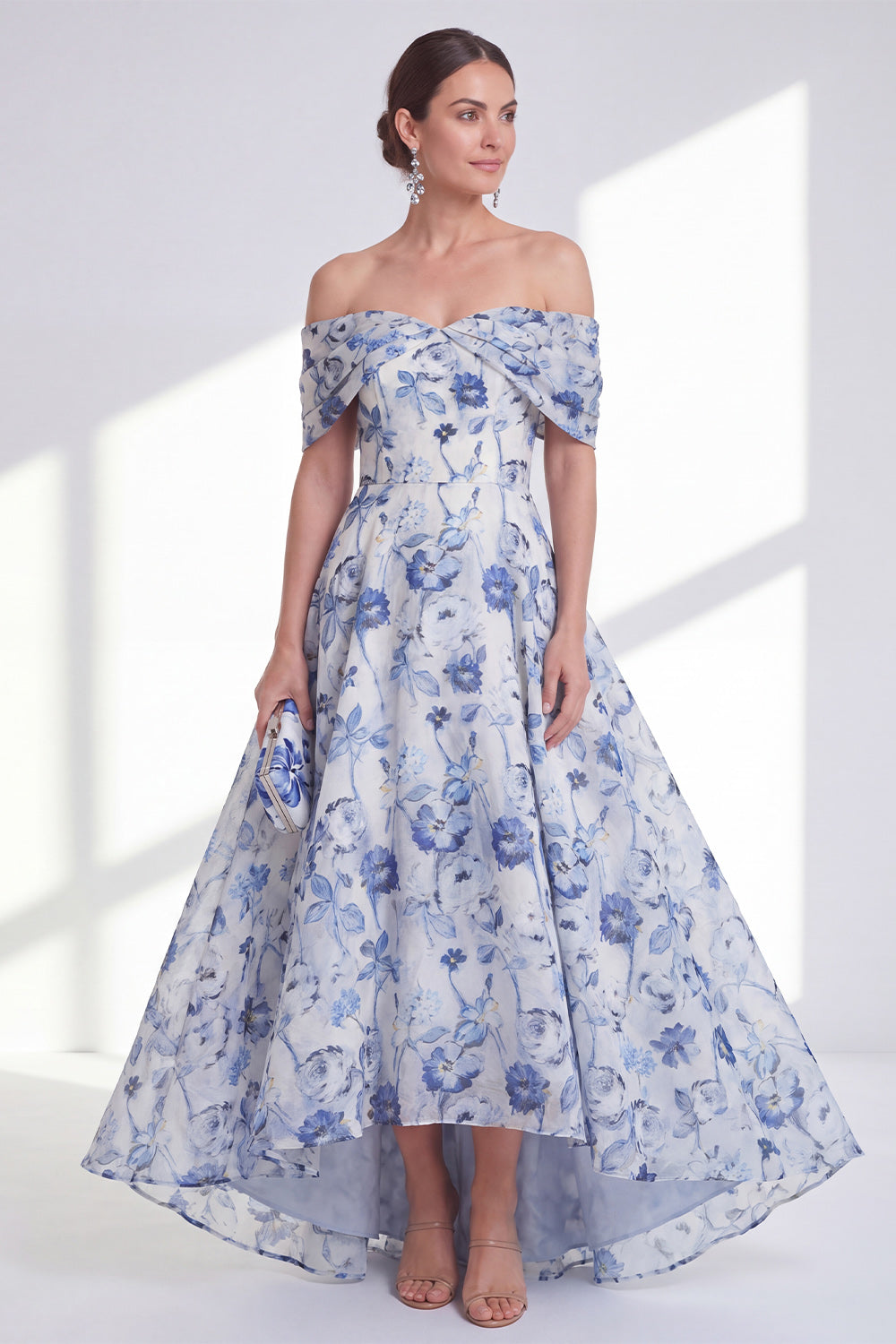 A Line Long Blue Floral Off the Shoulder Mother of the Bride Dress
