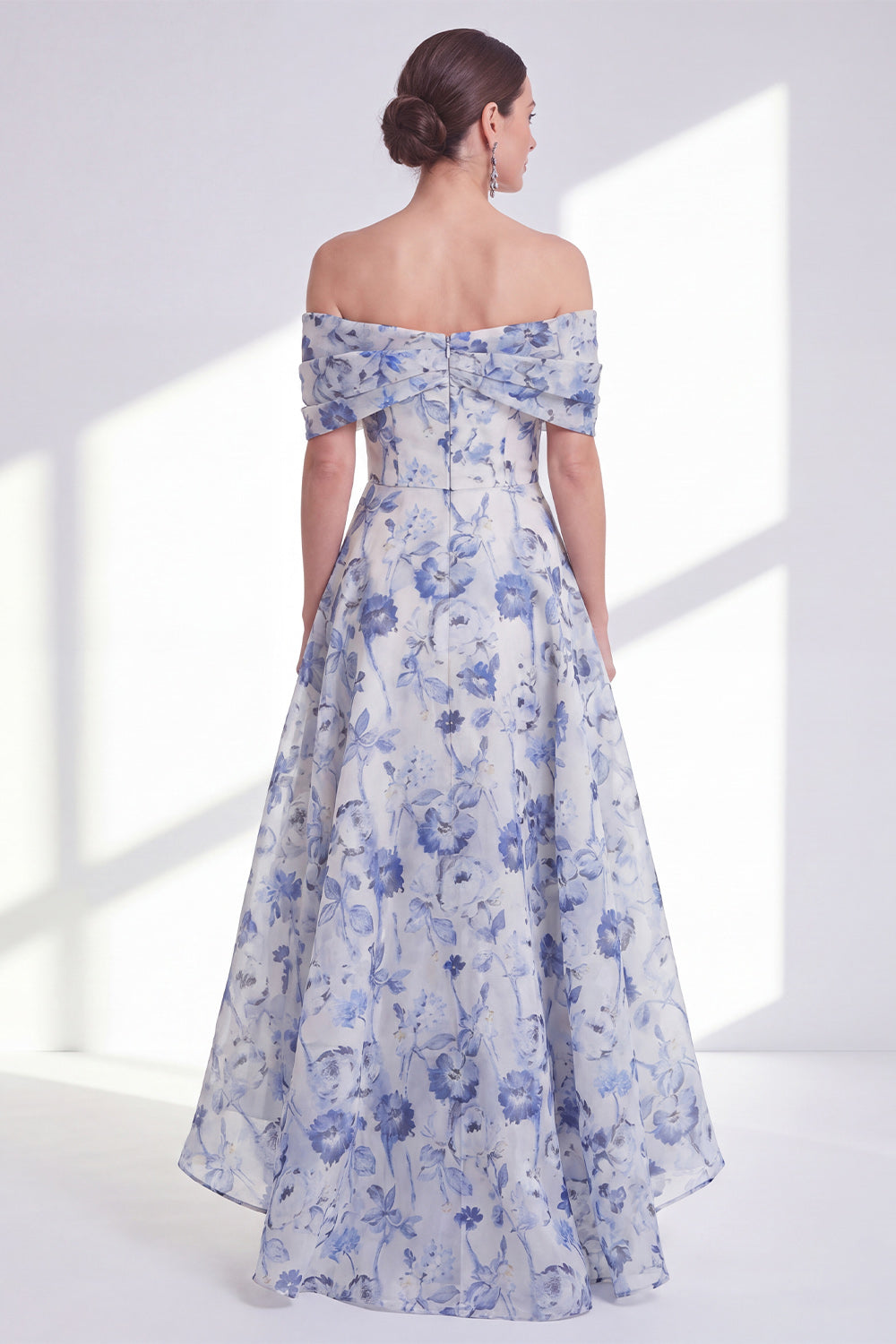 A Line Long Blue Floral Off the Shoulder Mother of the Bride Dress
