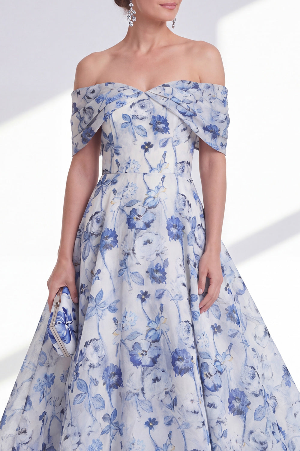 A Line Long Blue Floral Off the Shoulder Mother of the Bride Dress