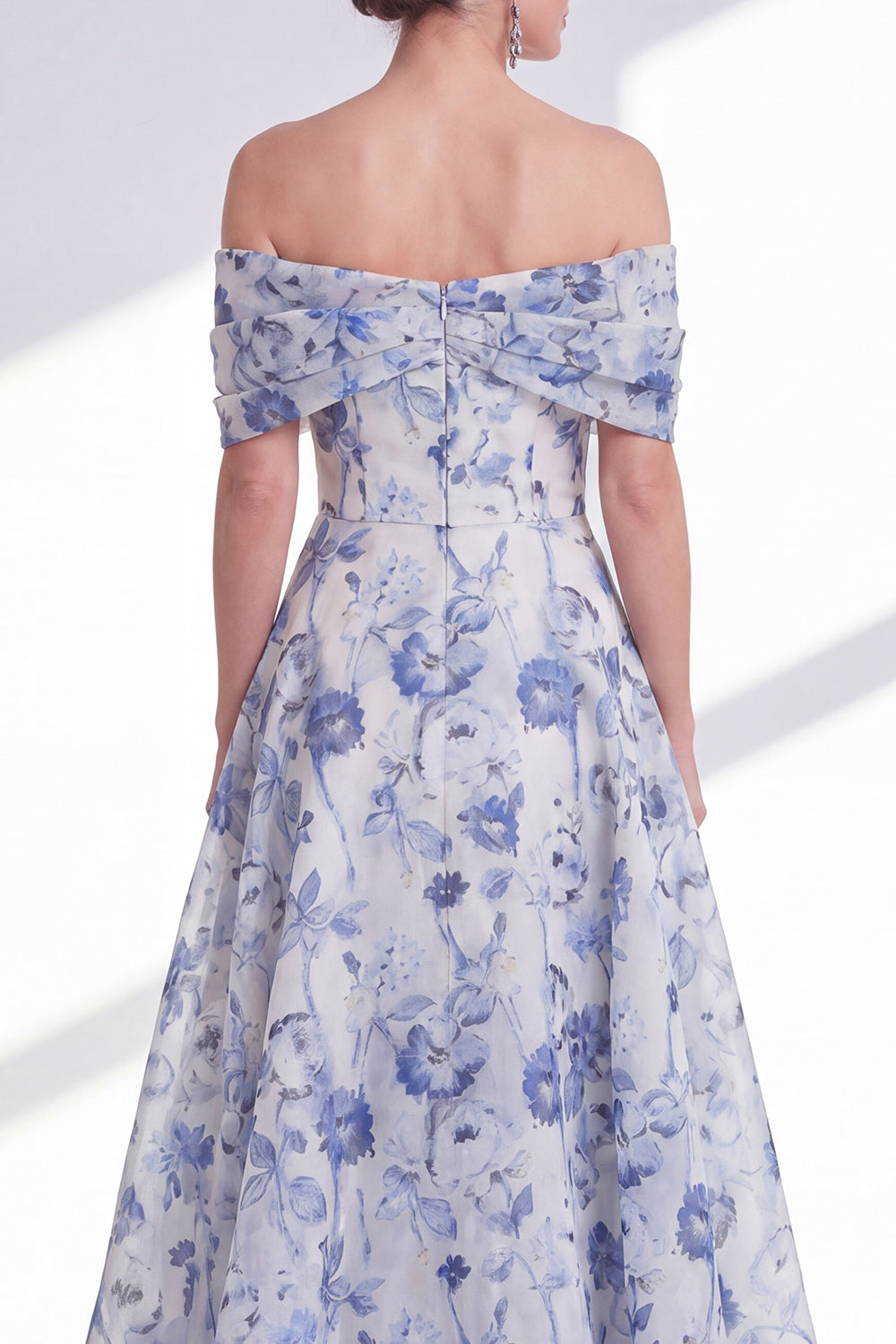 A Line Long Blue Floral Off the Shoulder Mother of the Bride Dress