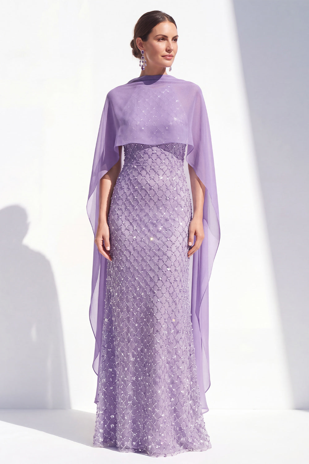 Sparkly Purple Long Mermaid Beaded Mother of the Bride Dress with Cape