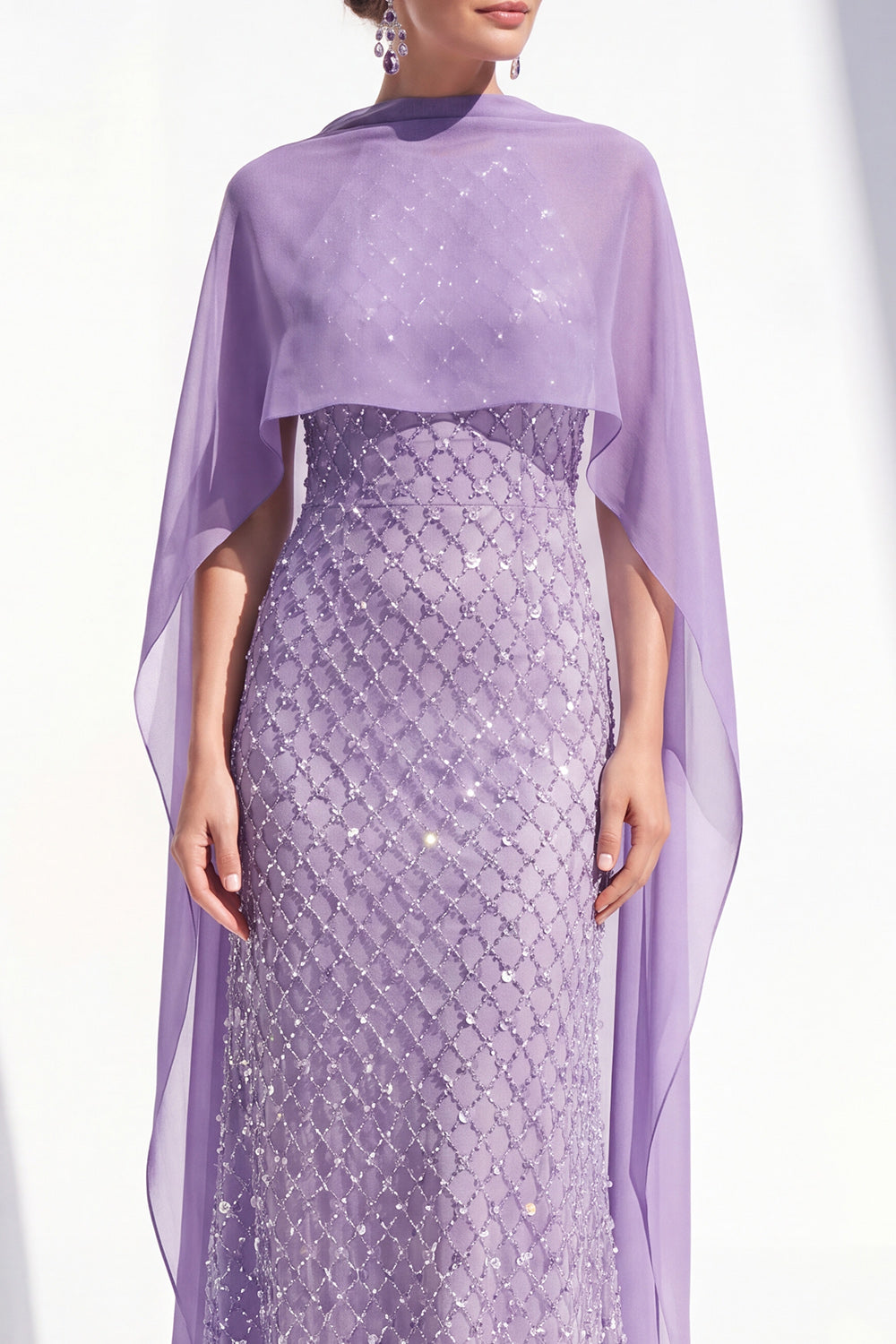 Sparkly Purple Long Mermaid Beaded Mother of the Bride Dress with Cape