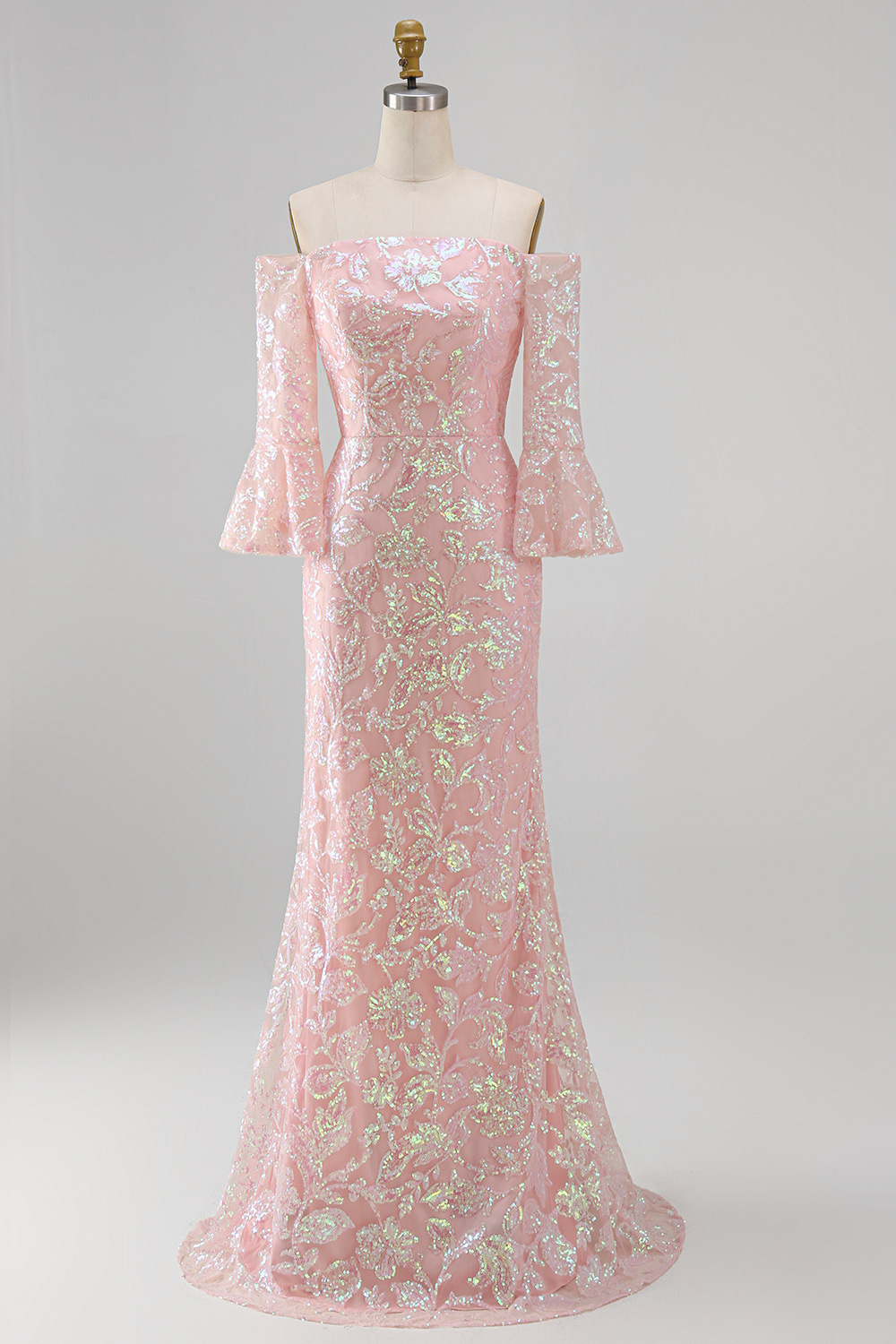 Sparkly Blush Floral Long Beaded Mermaid Mother of the Bride Dress with Sleeves