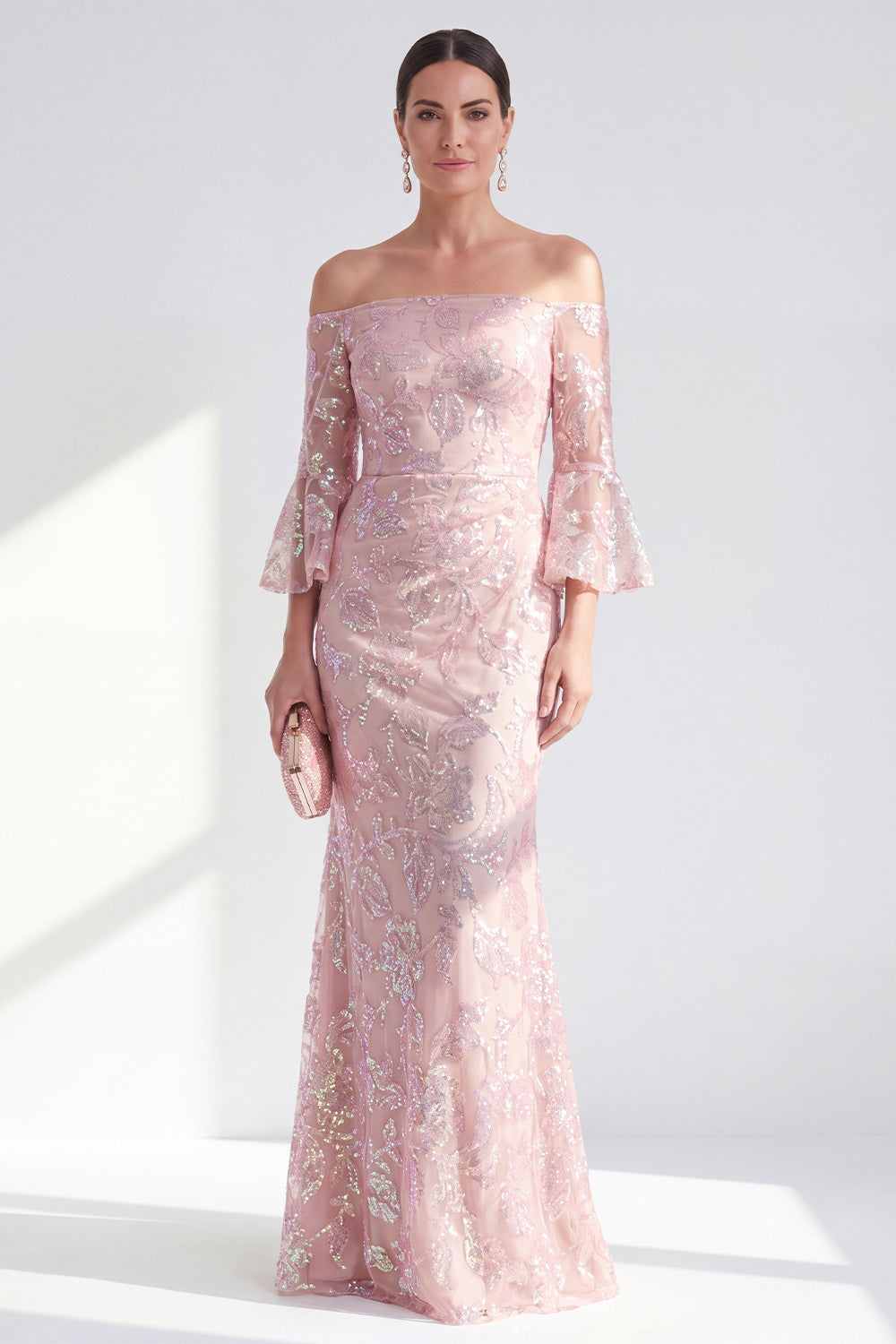 Sparkly Blush Floral Long Beaded Mermaid Mother of the Bride Dress with Sleeves