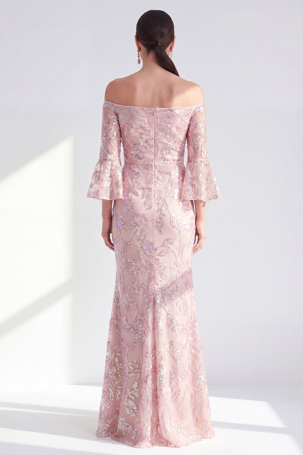 Sparkly Blush Floral Long Beaded Mermaid Mother of the Bride Dress with Sleeves