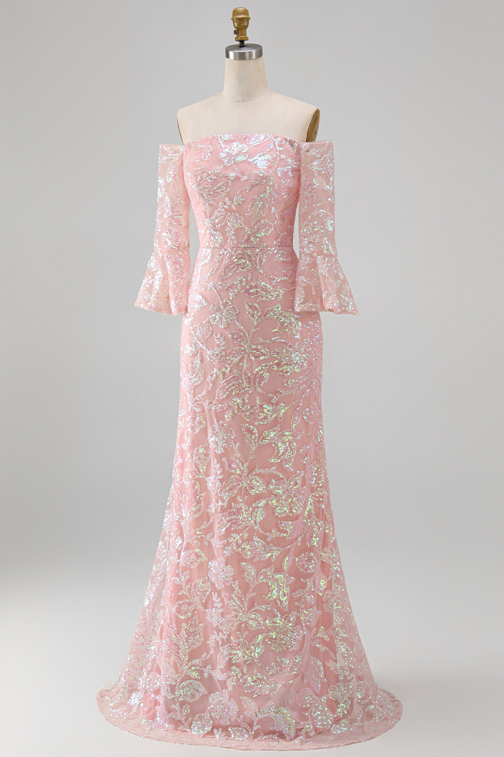 Sparkly Blush Floral Long Beaded Mermaid Mother of the Bride Dress with Sleeves
