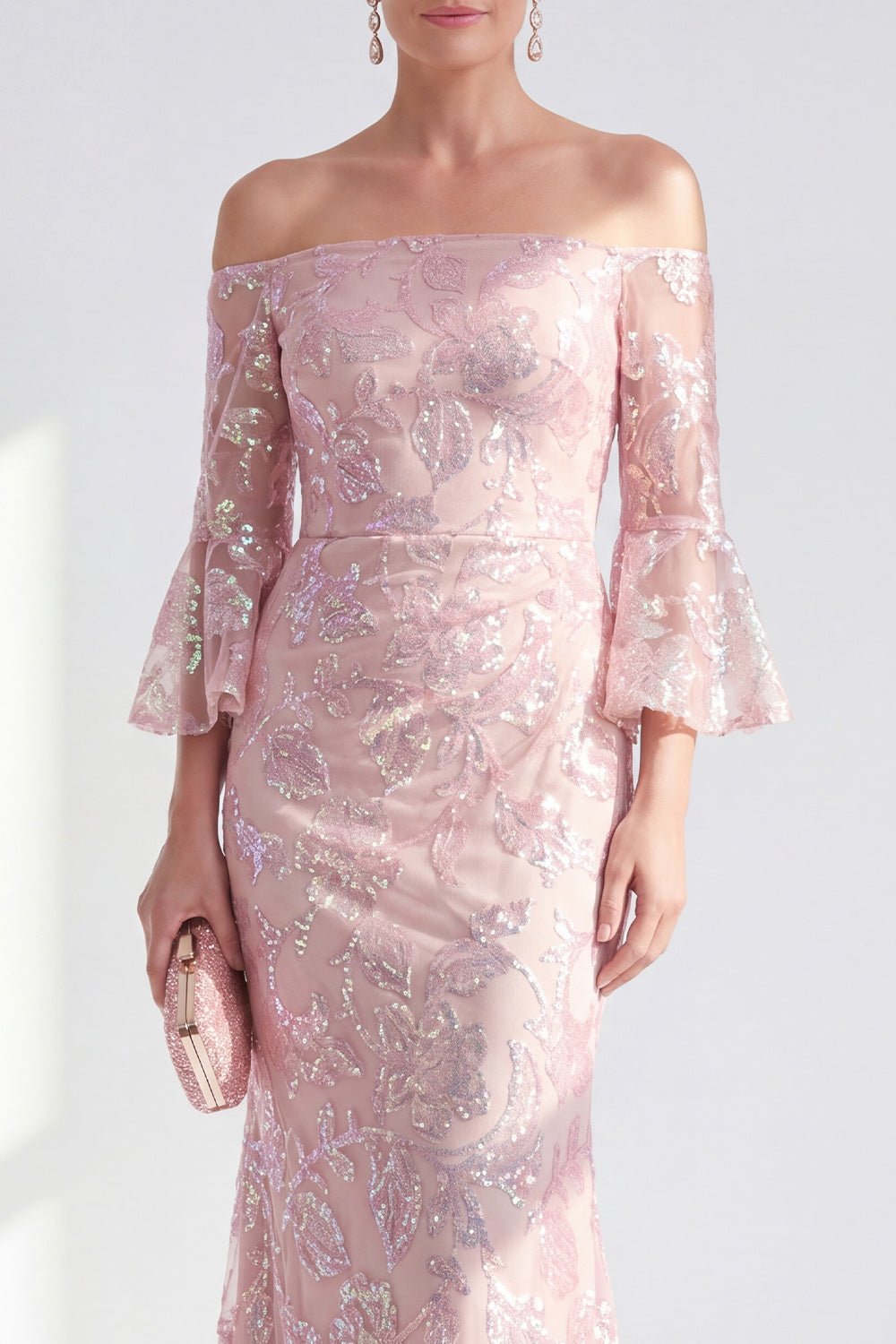 Sparkly Blush Floral Long Beaded Mermaid Mother of the Bride Dress with Sleeves