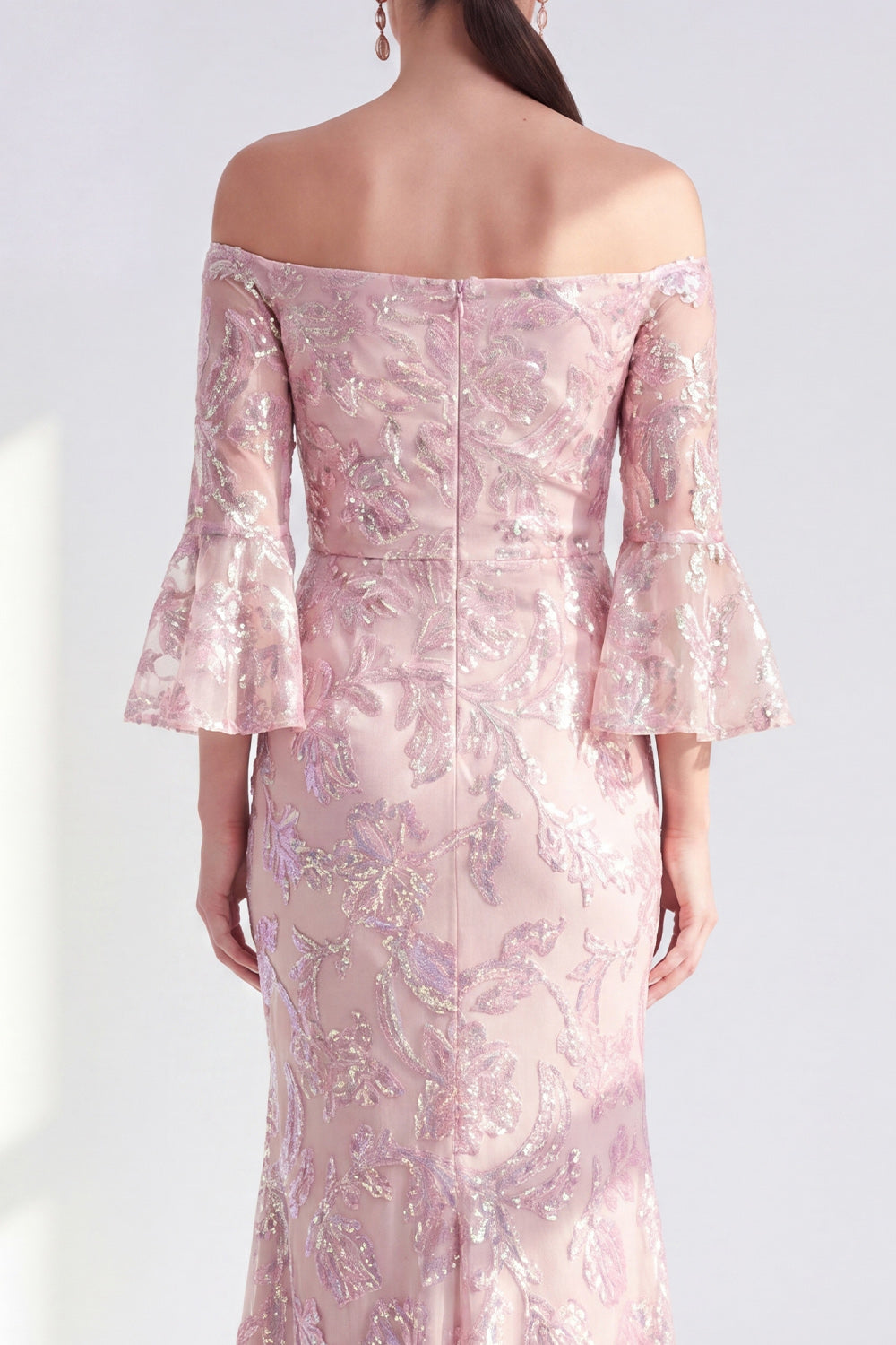 Sparkly Blush Floral Long Beaded Mermaid Mother of the Bride Dress with Sleeves