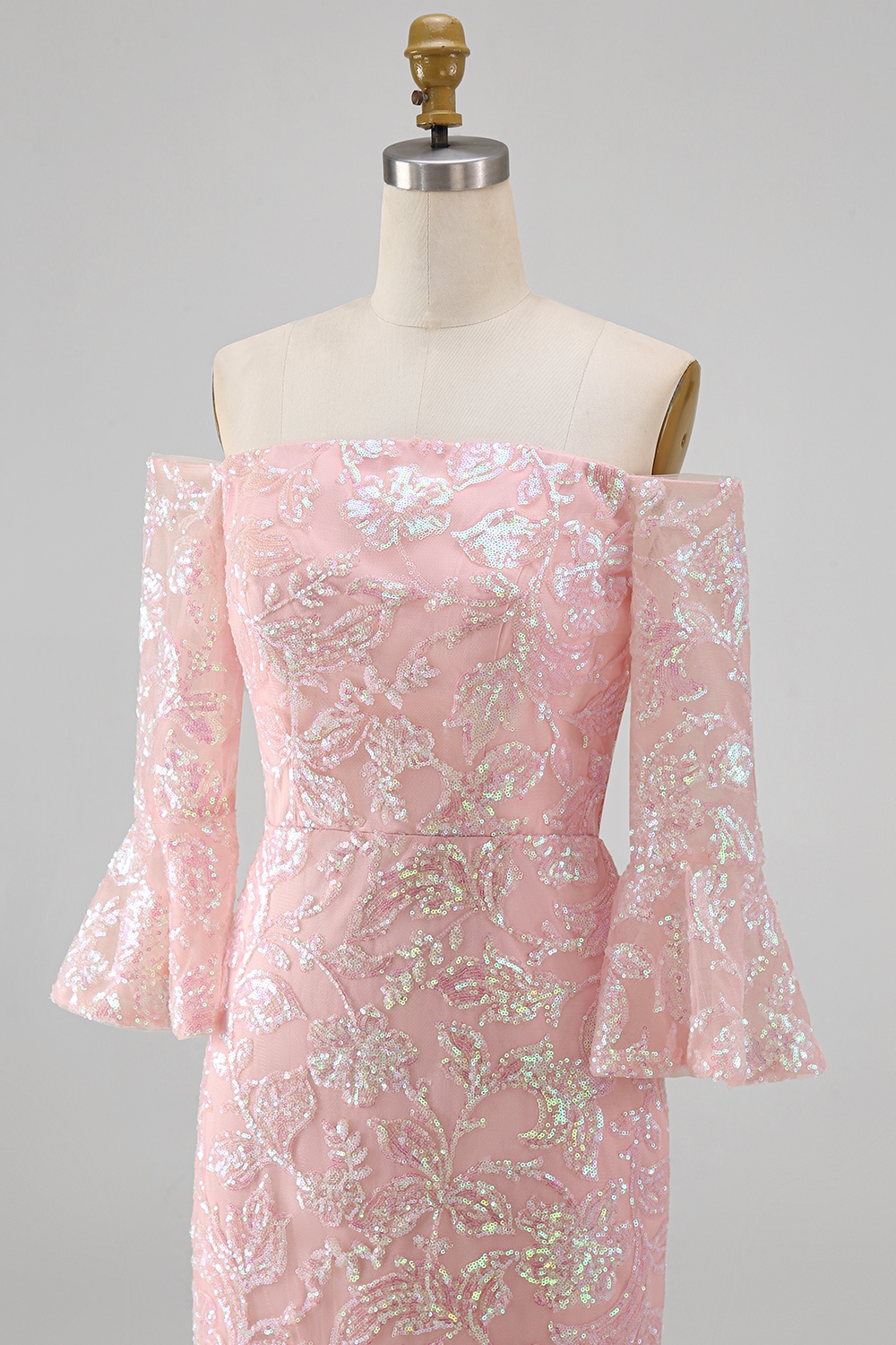 Sparkly Blush Floral Long Beaded Mermaid Mother of the Bride Dress with Sleeves