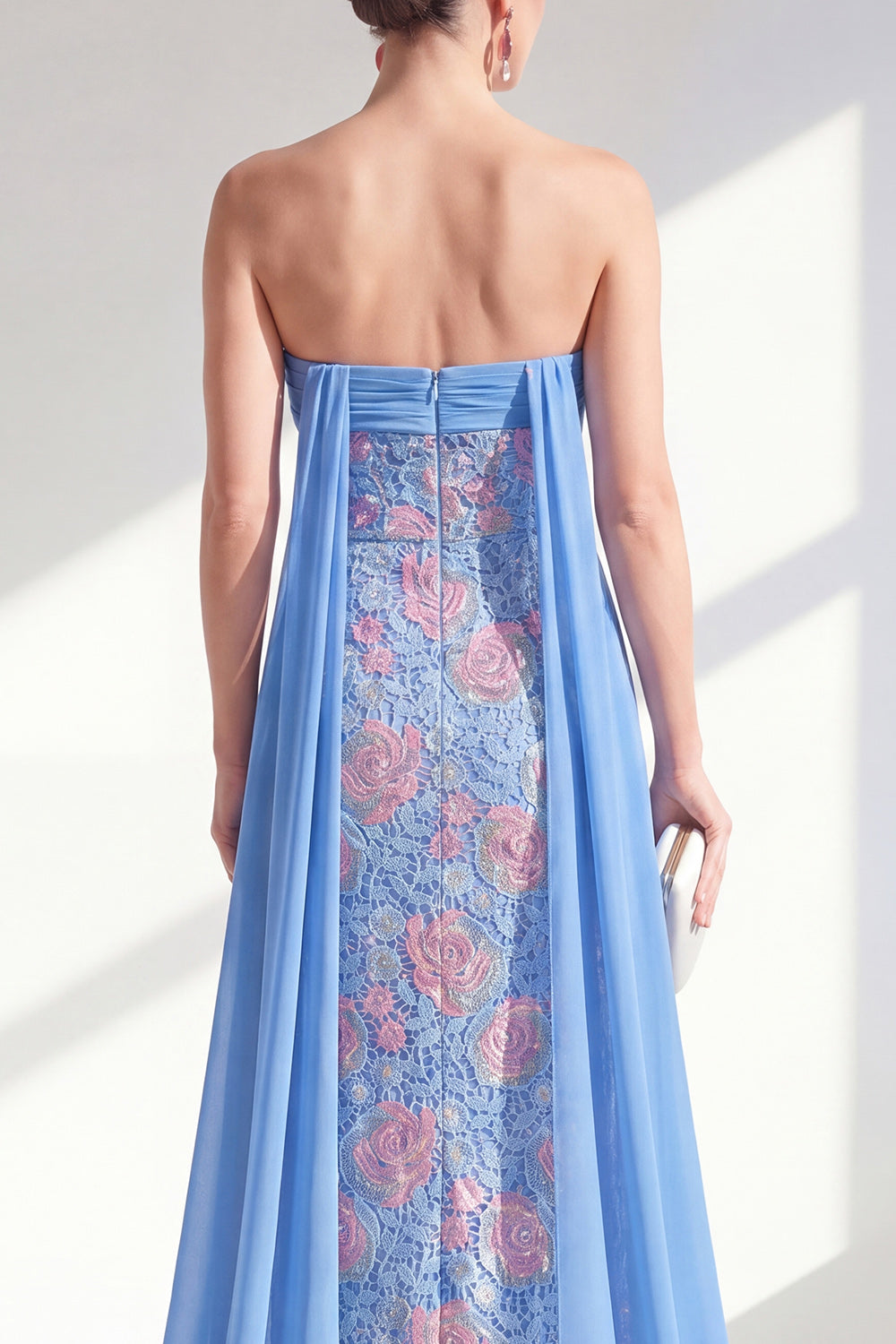 Strapless Floral Lace Sparkly Blue Sheath Beaded Long Mother of the Bride Dress with Cape