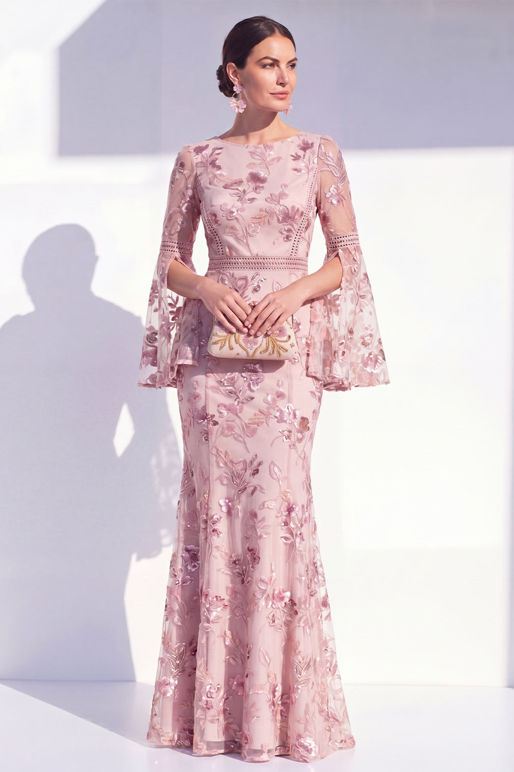 Floral Blush Boat Neck Beaded Mermaid Long Mother of the Bride Dress