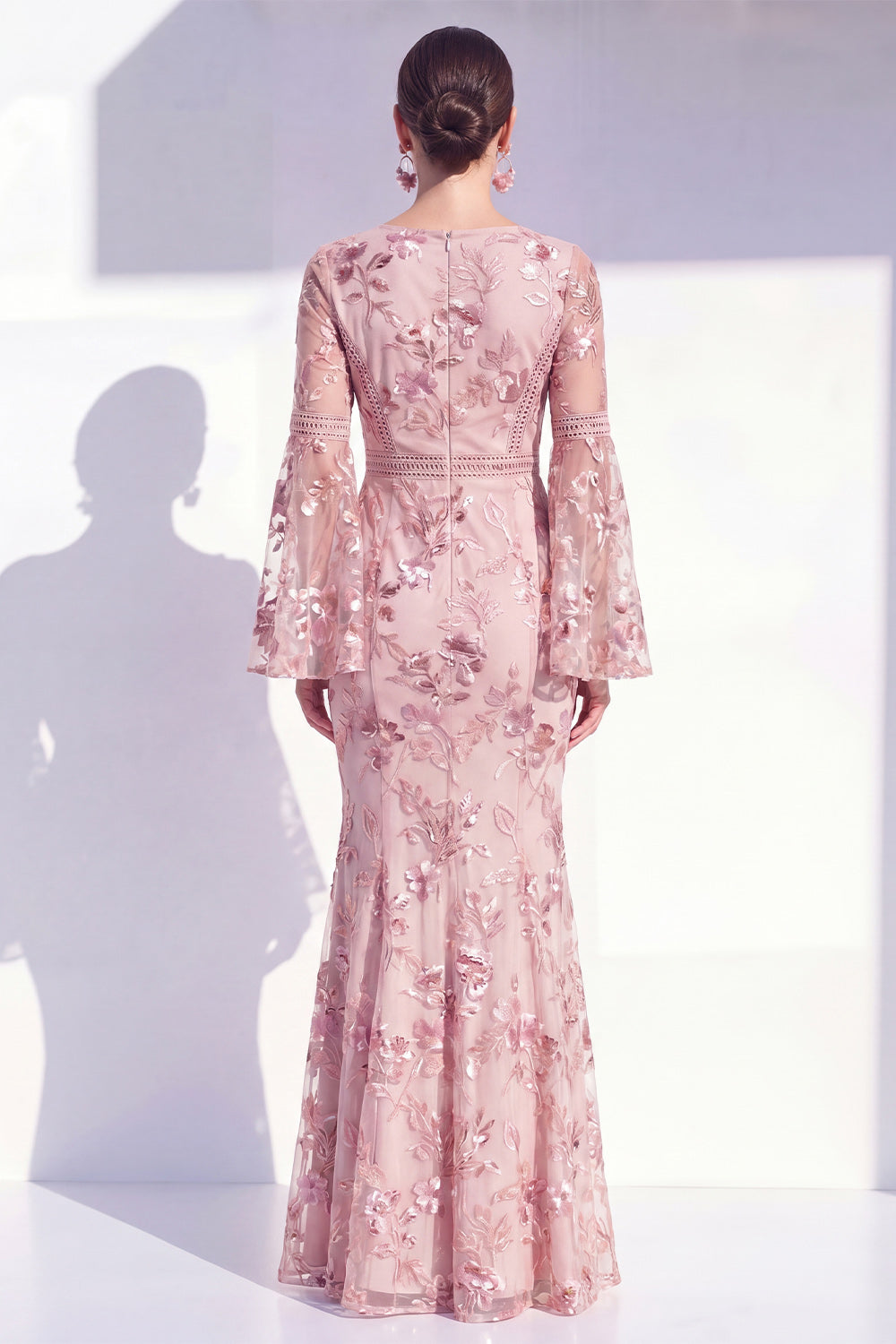 Floral Blush Boat Neck Beaded Mermaid Long Mother of the Bride Dress