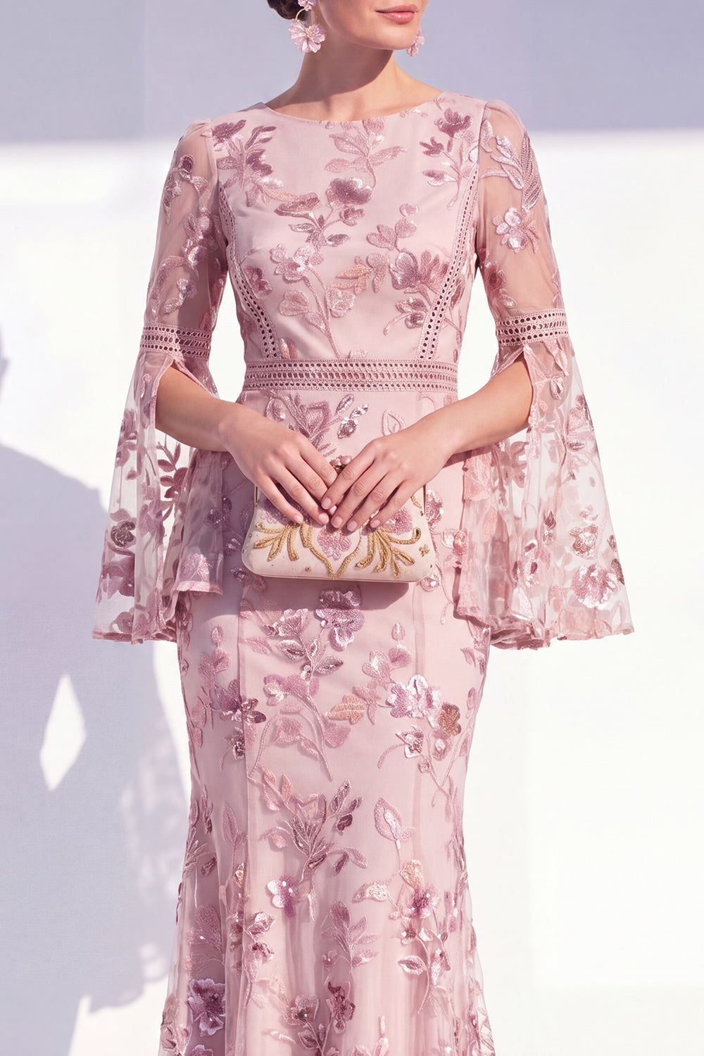Floral Blush Boat Neck Beaded Mermaid Long Mother of the Bride Dress