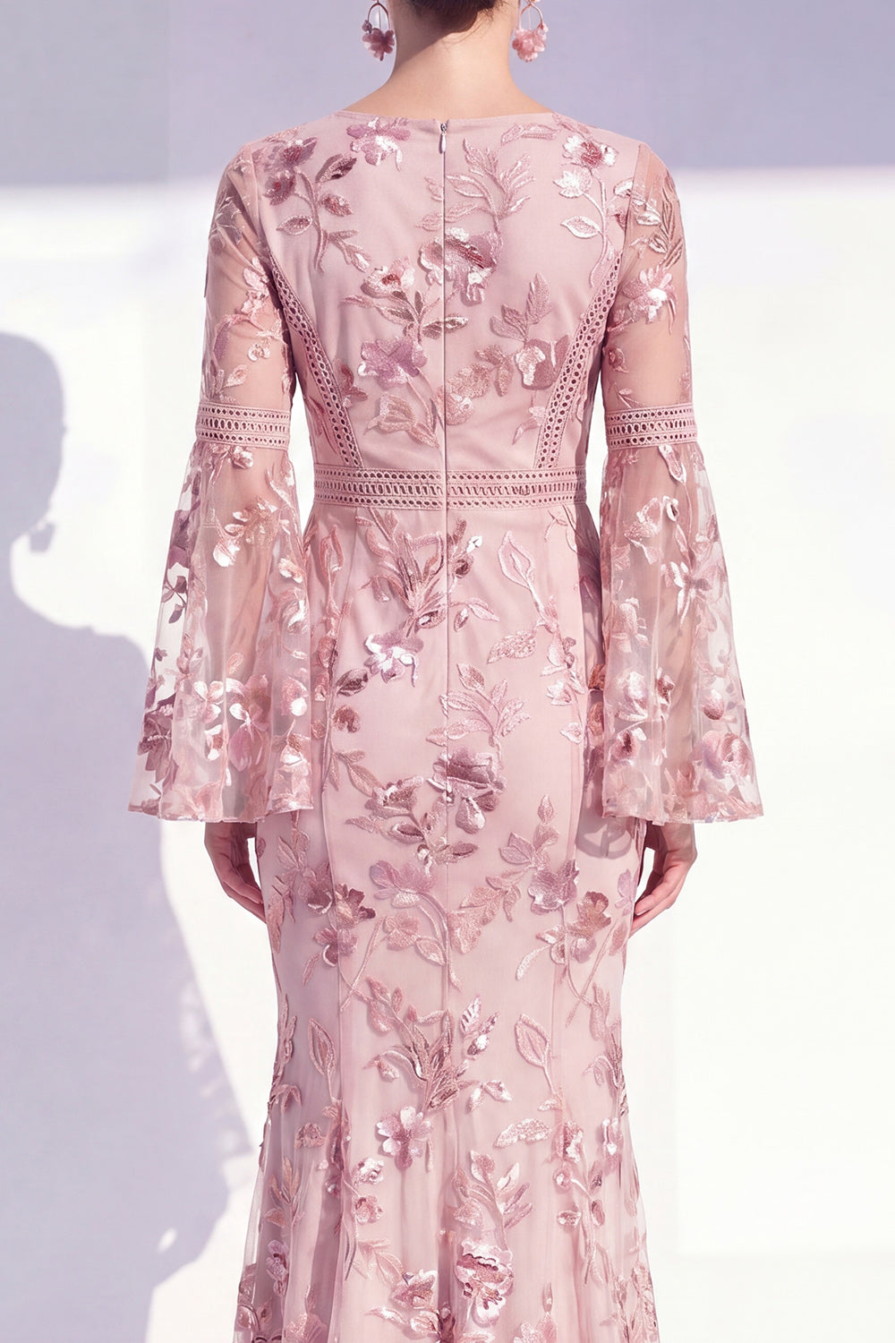 Floral Blush Boat Neck Beaded Mermaid Long Mother of the Bride Dress