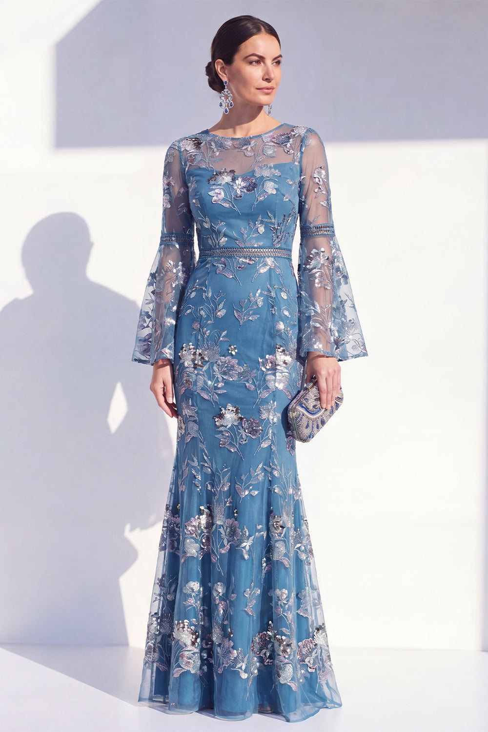 Floral Blush Boat Neck Beaded Mermaid Long Mother of the Bride Dress