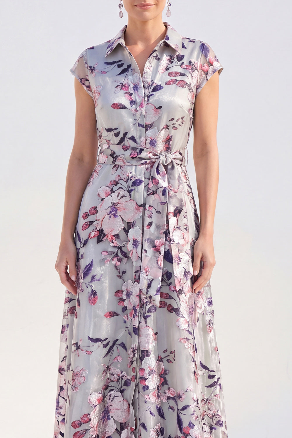 White Long A Line Cap Sleeves Floral Mother of the Bride Dress