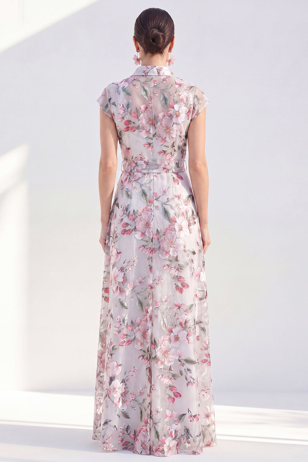 White Long A Line Cap Sleeves Floral Mother of the Bride Dress