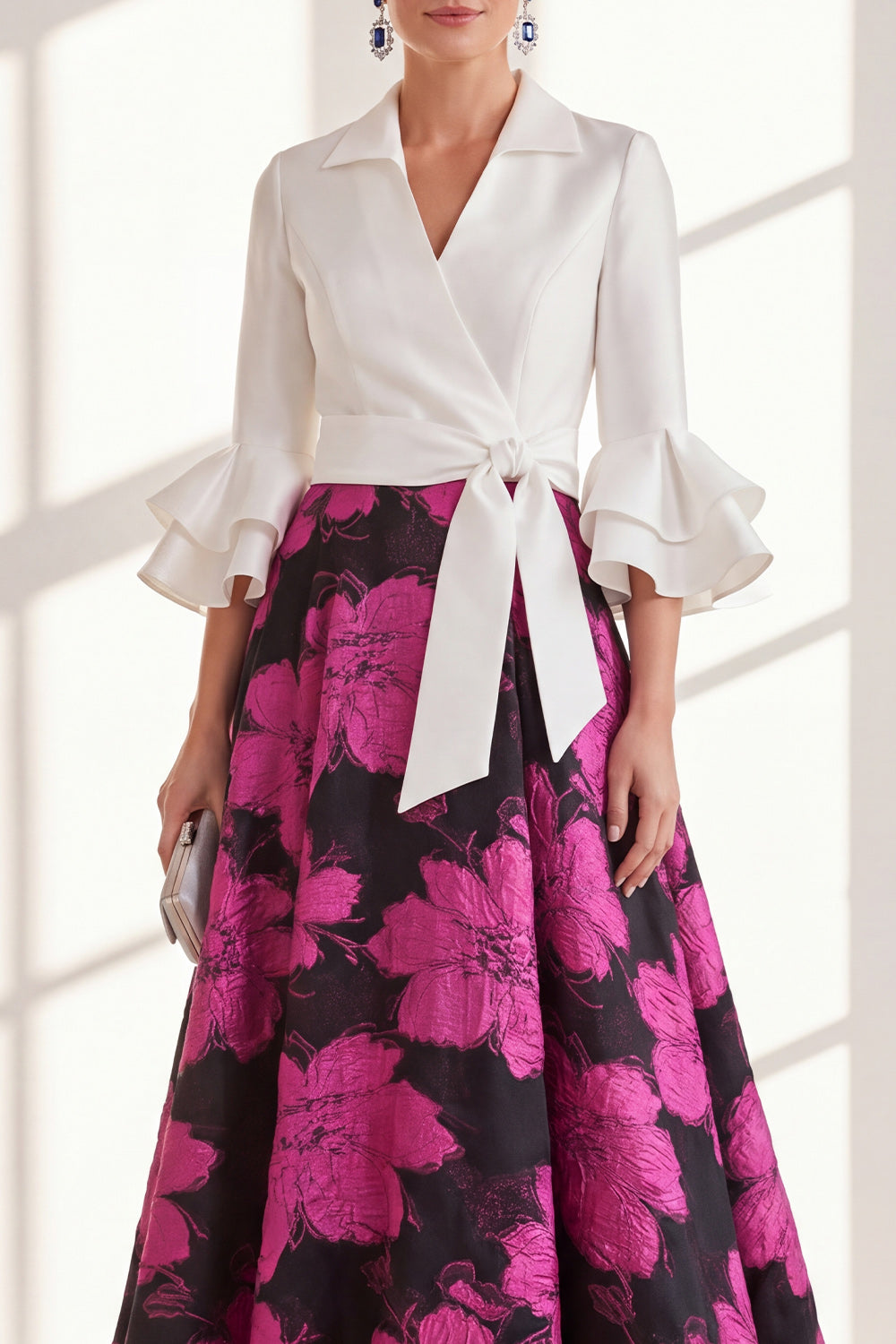Pink Flower A Line V-Neck Long Mother of the Bride Dress with Ruffles