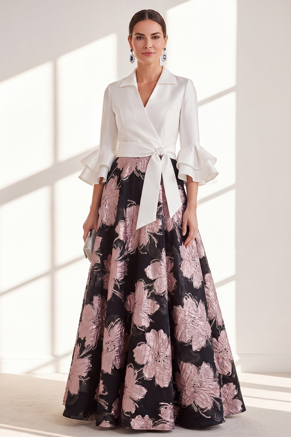 Pink Flower A Line V-Neck Long Mother of the Bride Dress with Ruffles