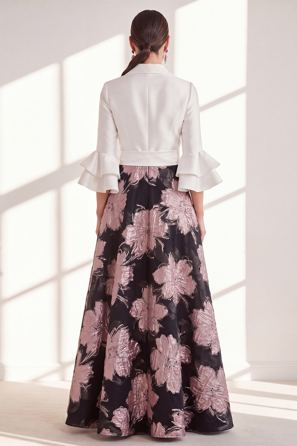 Pink Flower A Line V-Neck Long Mother of the Bride Dress with Ruffles