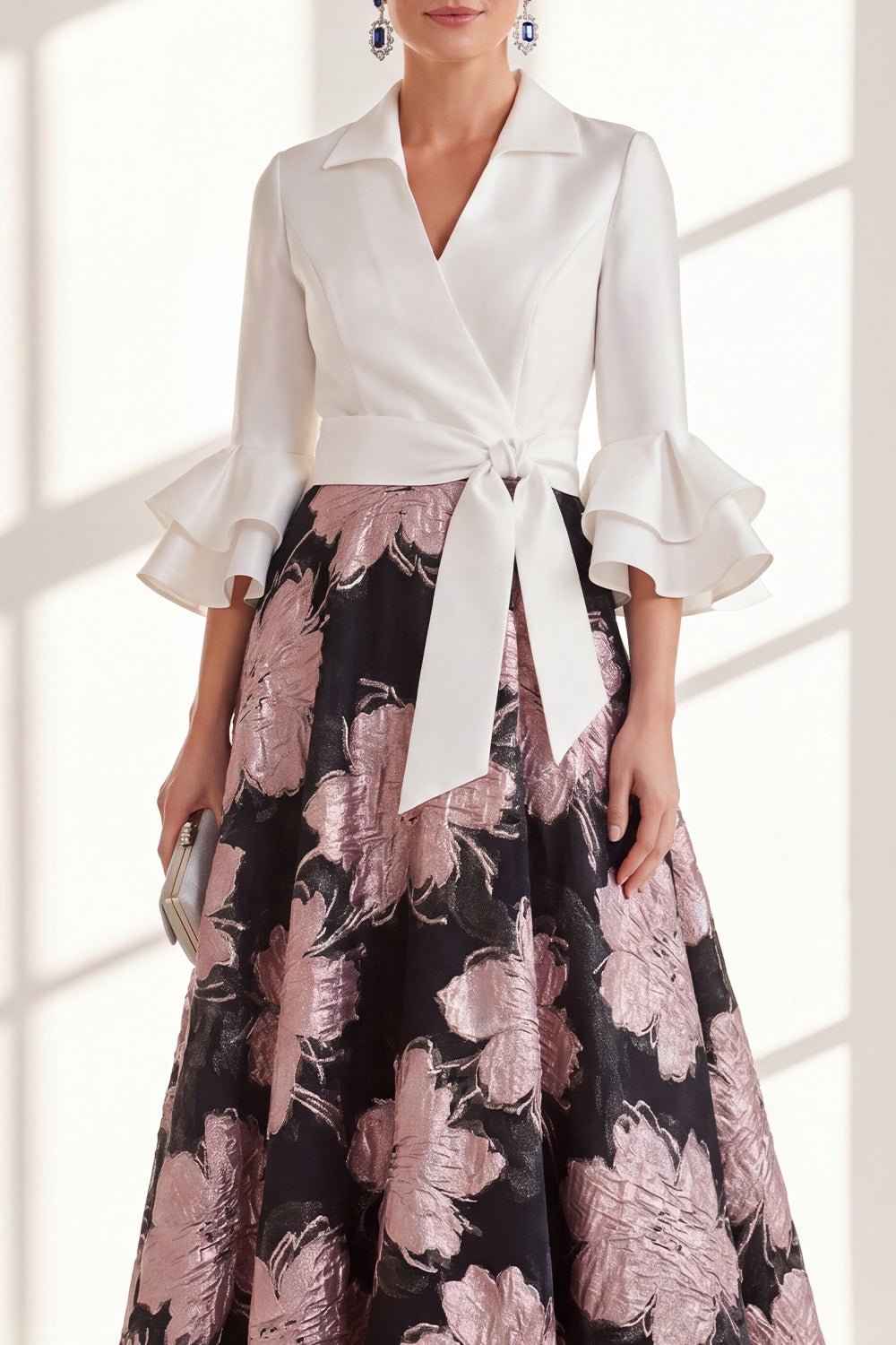Pink Flower A Line V-Neck Long Mother of the Bride Dress with Ruffles