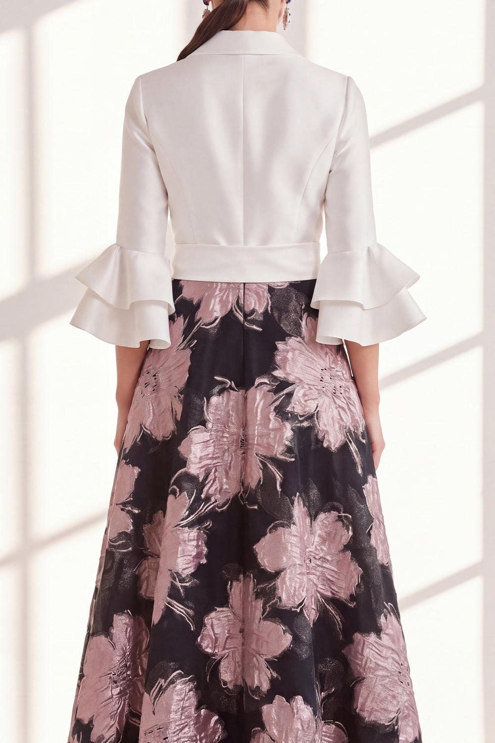 Pink Flower A Line V-Neck Long Mother of the Bride Dress with Ruffles