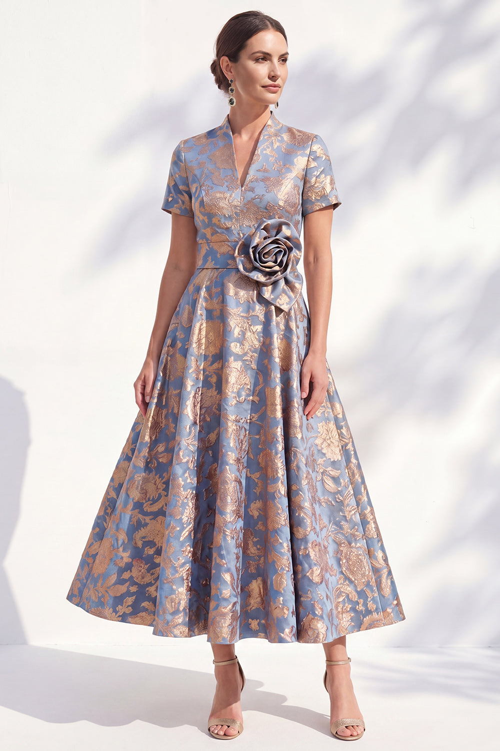 Blue Pink Flower A Line Long Mother of the Bride Dress with 3D Flower