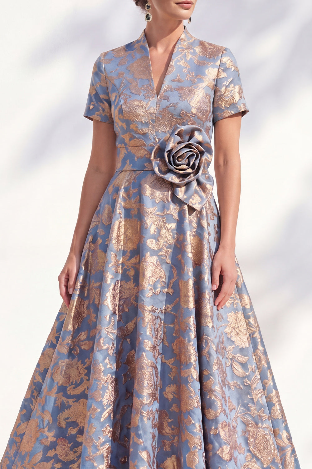 Blue Pink Flower A Line Long Mother of the Bride Dress with 3D Flower