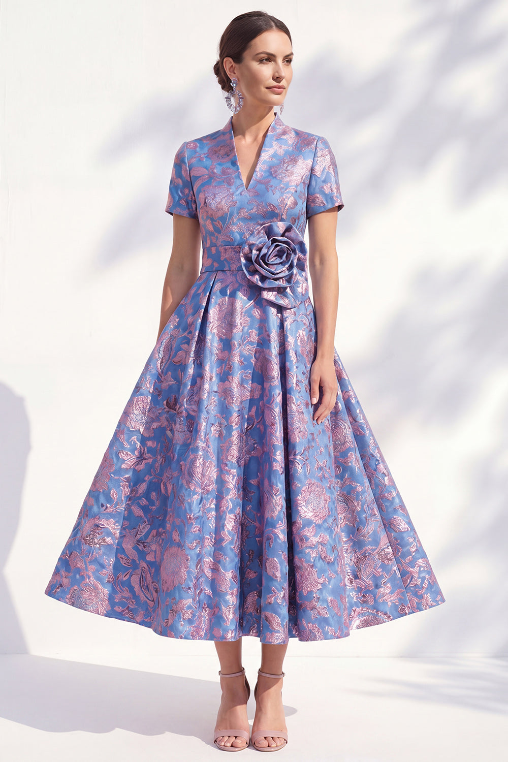 Blue Pink Flower A Line Long Mother of the Bride Dress with 3D Flower