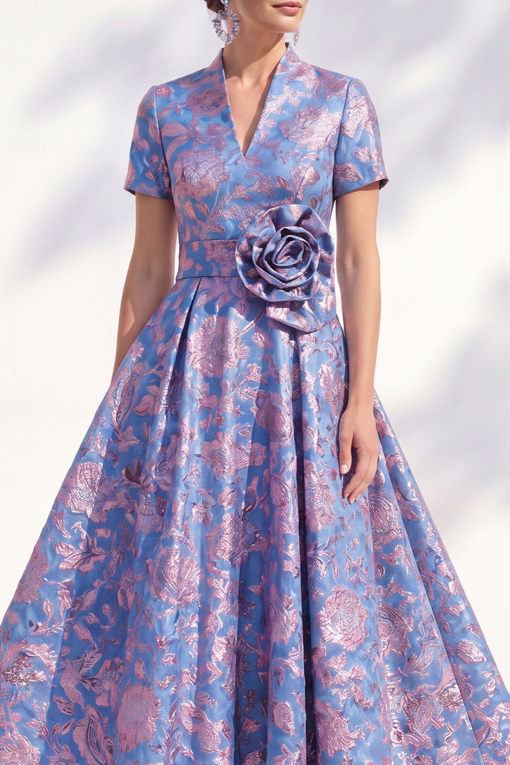 Blue Pink Flower A Line Long Mother of the Bride Dress with 3D Flower