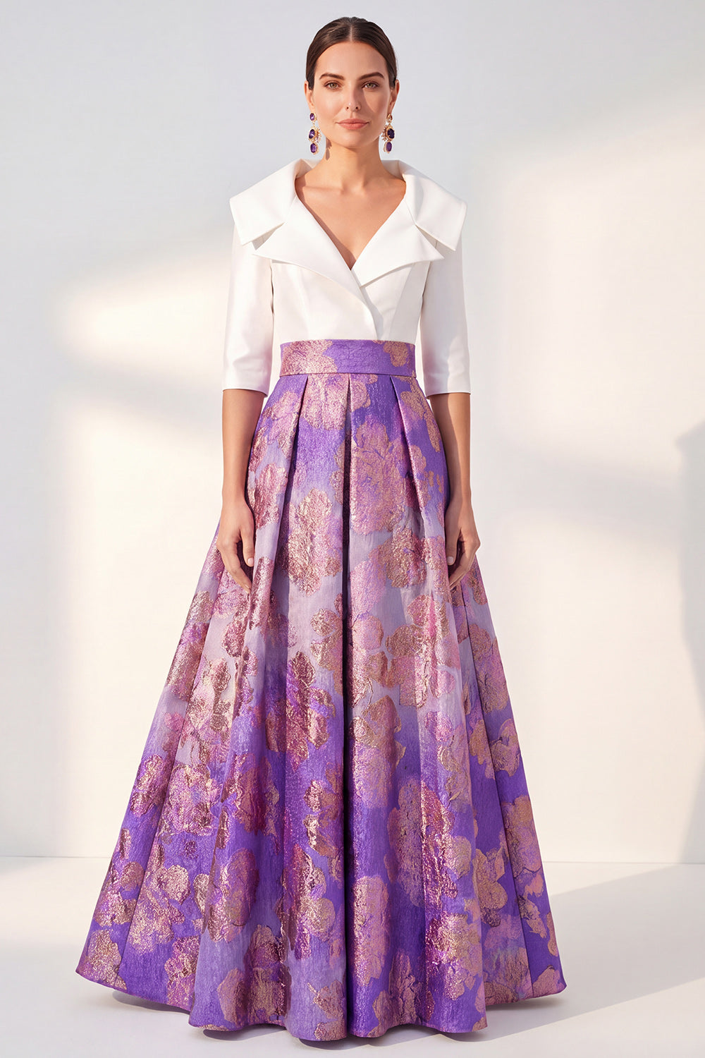 Floral Long 3/4 Sleeves Navy Jacquard A Line Mother of the Bride Dress