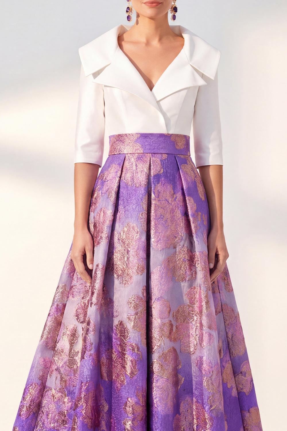 Floral Long 3/4 Sleeves Navy Jacquard A Line Mother of the Bride Dress